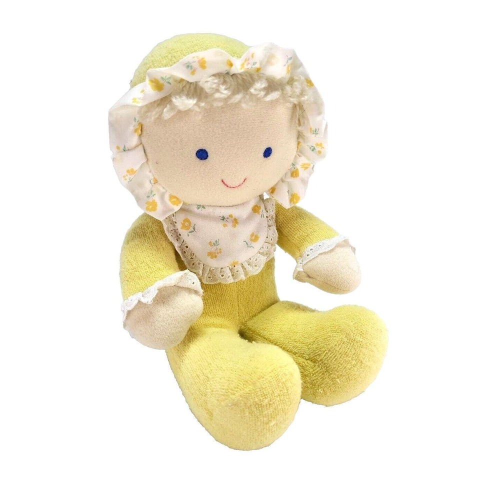 Terrycloth Baby Doll Embroidered 8" Vtg Floral bonnet Lace Yarn Hair sitting